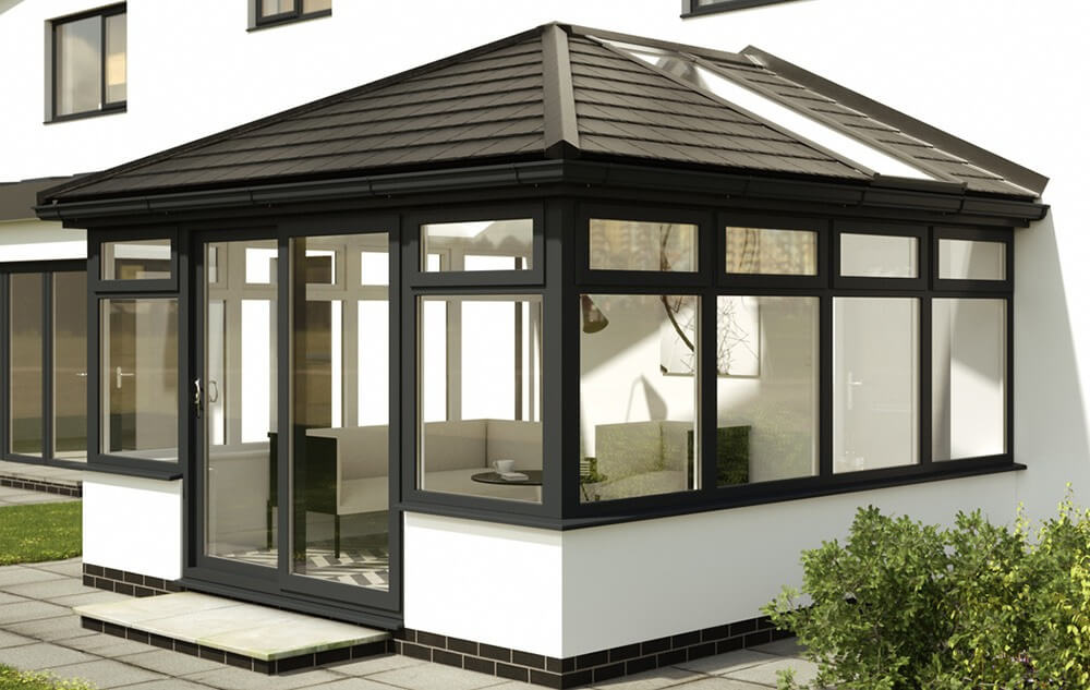 Conservatory with with black tiled roof